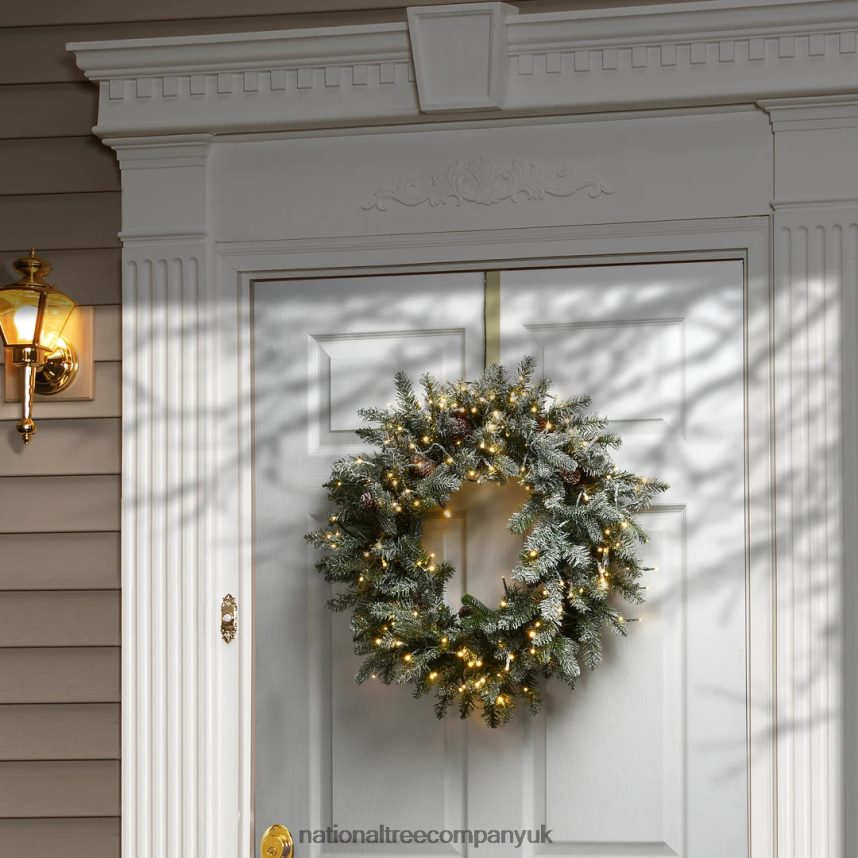 Greenery | National Tree Company Pre-Lit Artificial Christmas Wreath Green Snowy Morgan Spruce Dual Color LED Lights Decorated with Pine Cones Christmas Collection 24 Inches F2L4F282